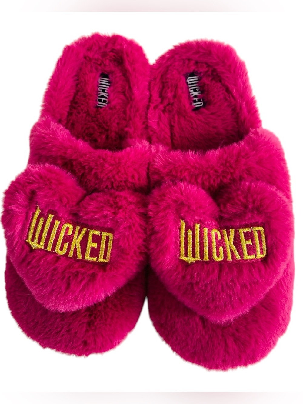 Wicked Branded Pink Fuzzy Slippers W/ Gold Embroidered Logo Size L8/9